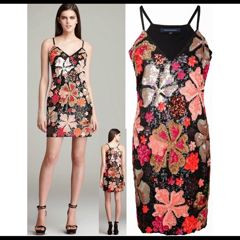 FRENCH CONNECTION FLORAL SEQUIN COCKTAIL DRESS - Picture 3 of 7